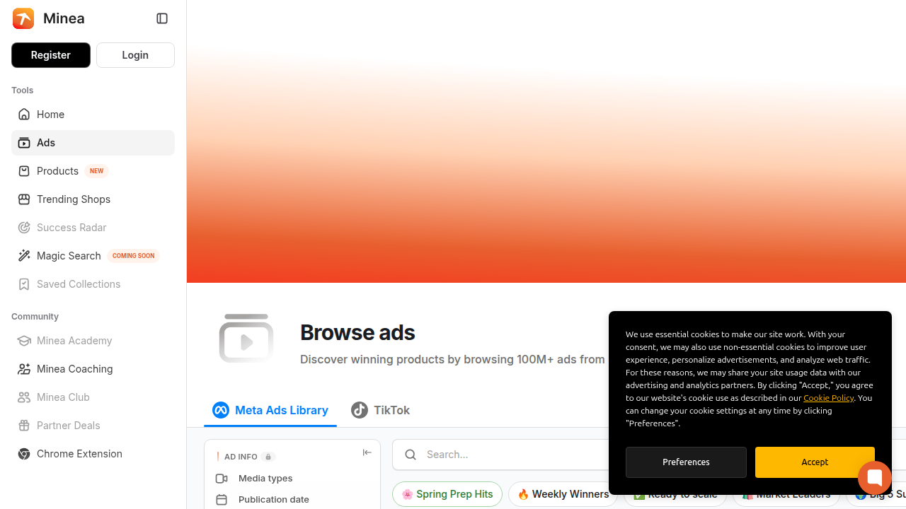 Interfejs narzędzia Minea do analizy trendów i najlepiej sprzedających się produktów online, widoczny na ekranie.