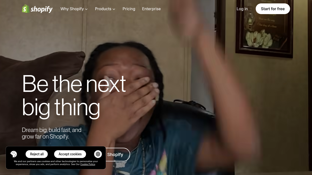 Strona główna platformy Shopify, prezentująca jej możliwości w tworzeniu i zarządzaniu sklepami internetowymi.