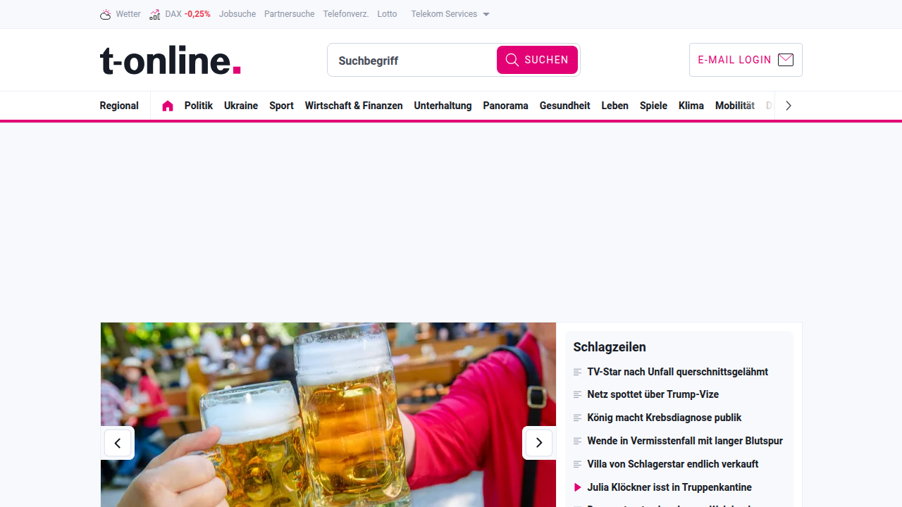 Strona główna portalu T-Online, sugerująca szeroki zakres treści informacyjnych i poradnikowych dostępnych dla użytkowników.