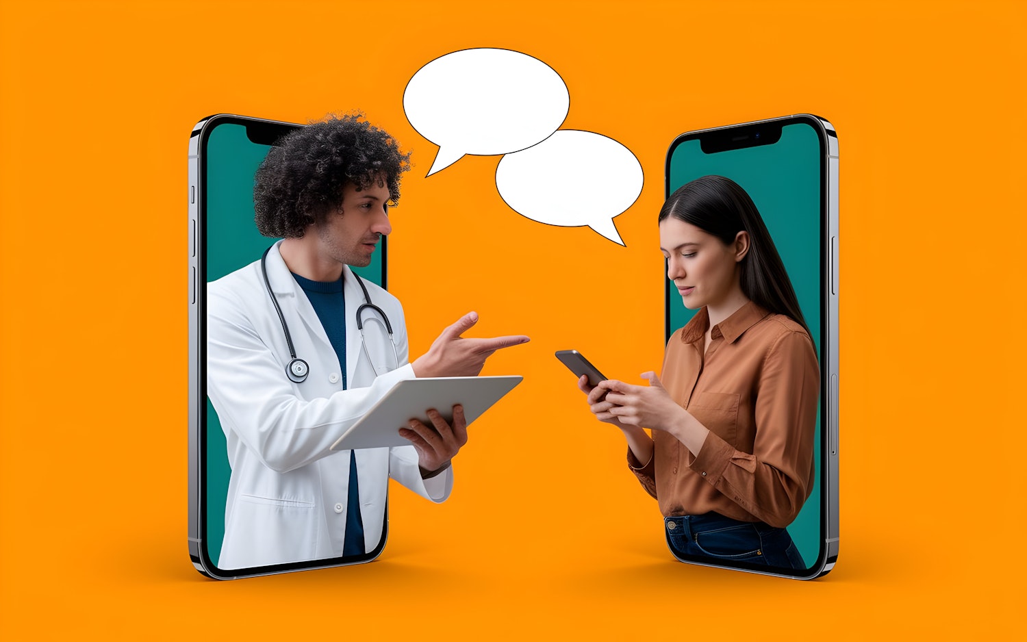 Futurystyczny obraz ilustrujący integrację technologii cyfrowych w systemie opieki zdrowotnej, z ludźmi wchodzącymi w interakcje z ekranami i danymi.