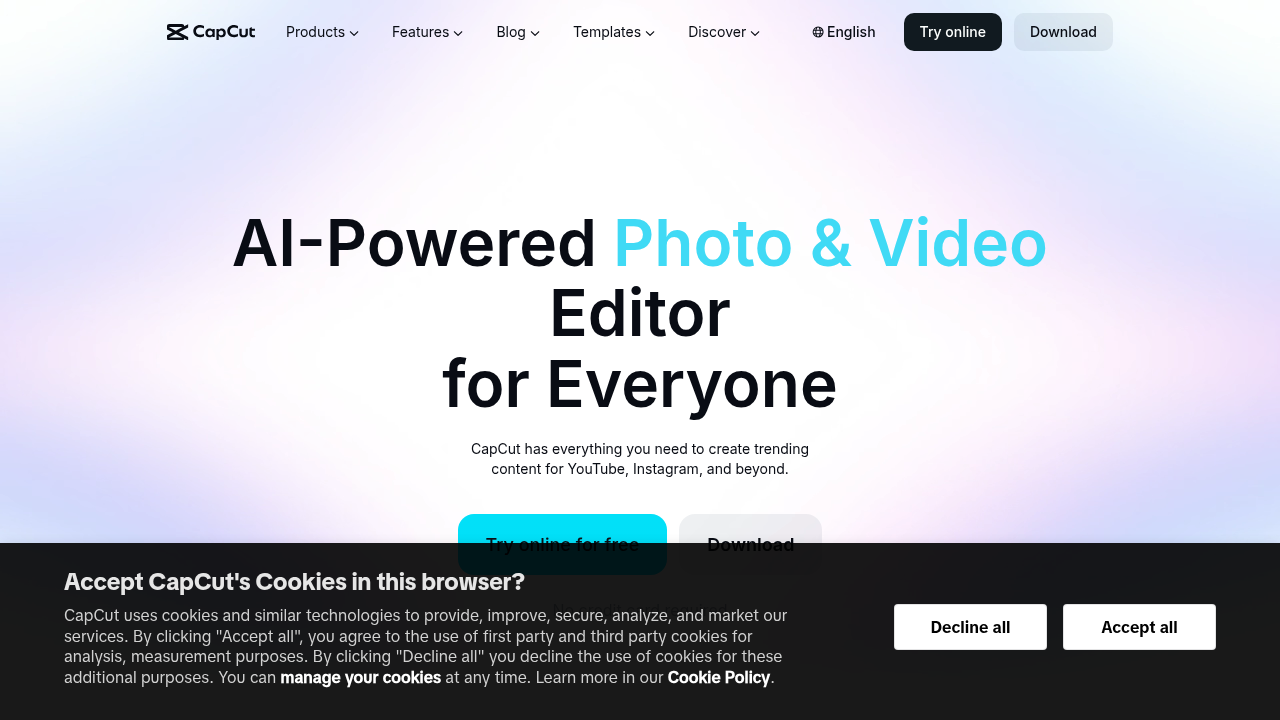 Interfejs platformy CapCut Online, wizualizujący dostępność zaawansowanych narzędzi edycji wideo dla każdego użytkownika.
