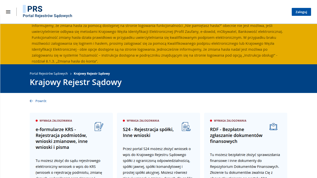 Oficjalna strona Krajowego Rejestru Sądowego (e-KRS), na której można rejestrować i weryfikować podmioty gospodarcze w Polsce.