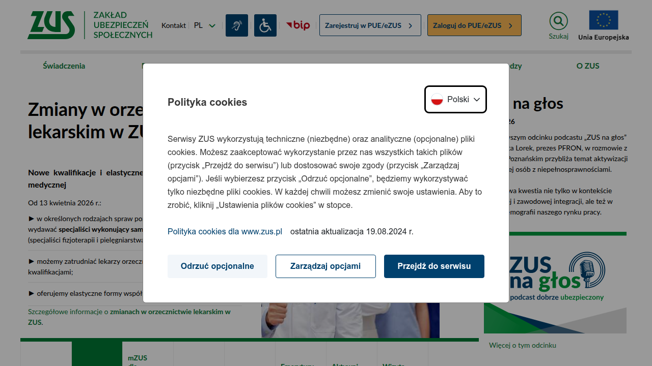 Strona główna Zakładu Ubezpieczeń Społecznych (ZUS), kluczowej instytucji dla przedsiębiorców w Polsce.