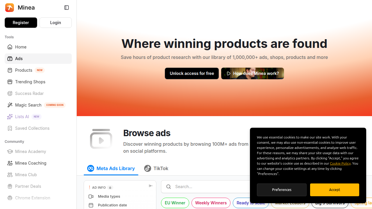 Minea to narzędzie do badania rynku, które pomaga znaleźć popularne produkty i analizować konkurencję, wspierając budowanie oferty 'treasura online'.