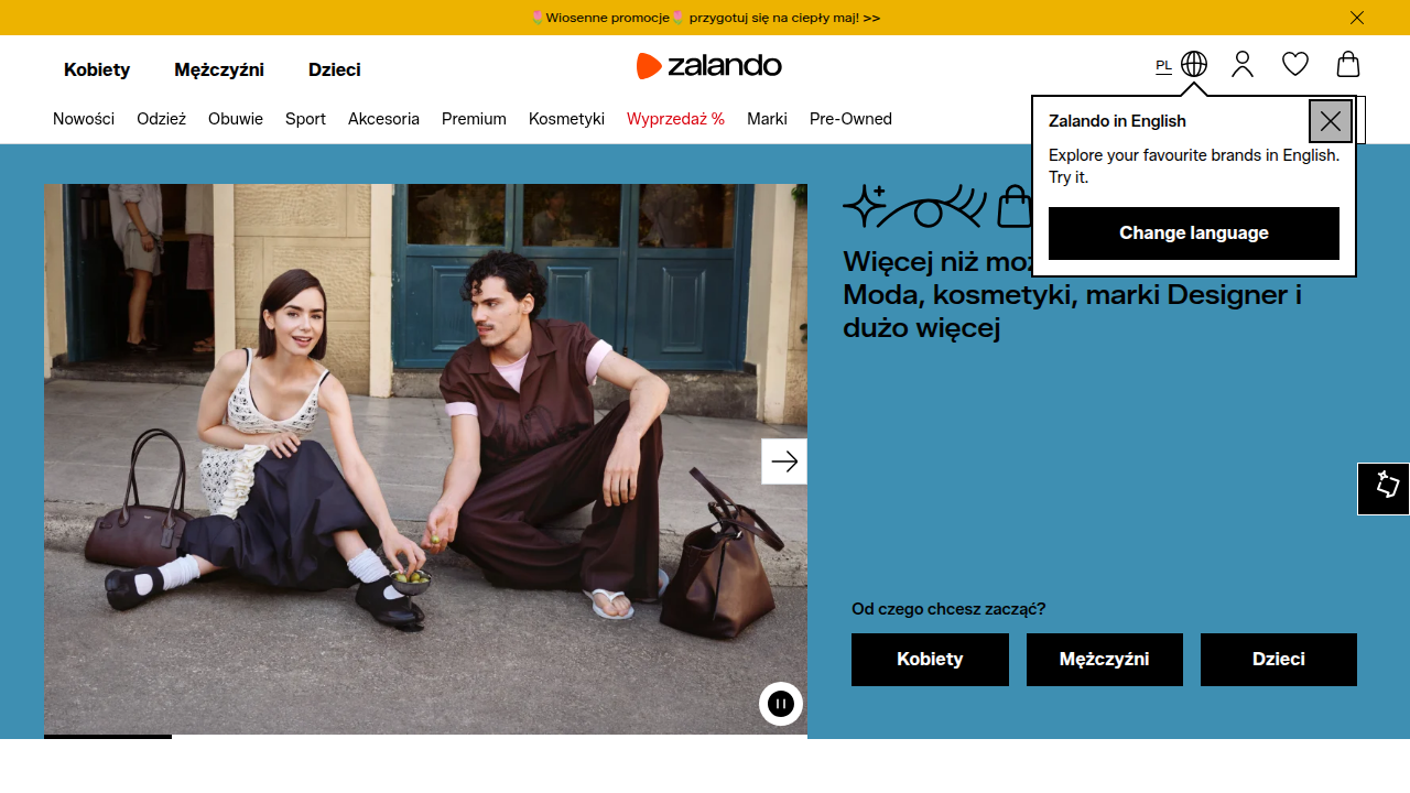 Strona główna Zalando, ilustrująca globalny zasięg platformy i dostęp do milionów klientów w Europie, co jest kluczowe przy wyborze kanału sprzedaży.