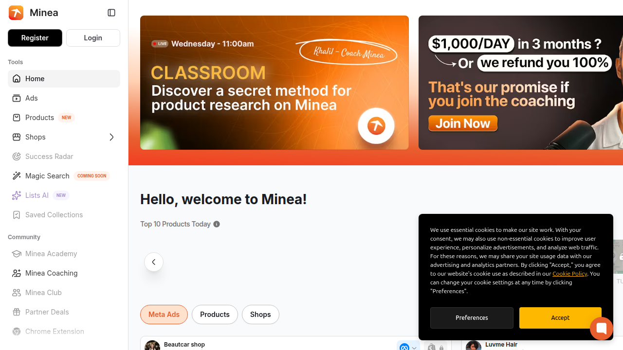 Screenshot of the Minea platform, an ad analysis tool used to identify trending products and create effective video ads for e-commerce.