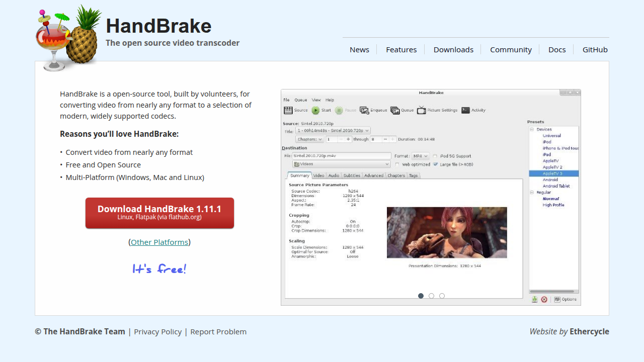 Screenshot of HandBrake's user interface, a popular open-source desktop program for video transcoding.