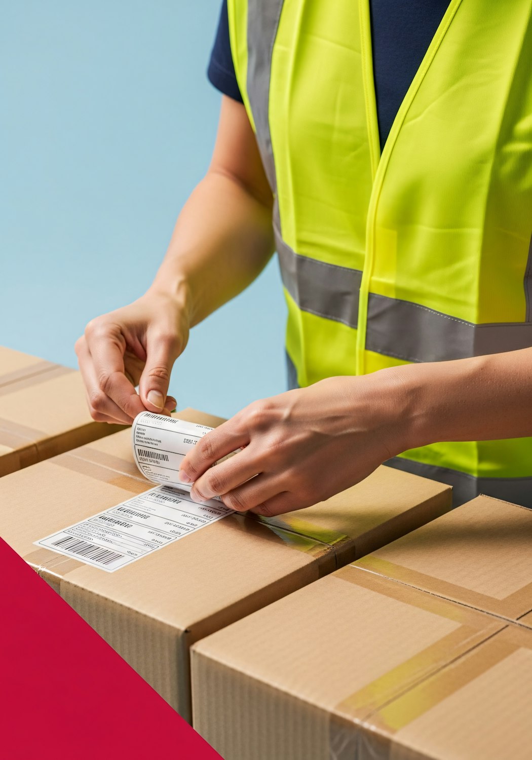 Osoba drukująca etykietę wysyłkową na drukarce termicznej, gotową do naklejenia na paczkę, zgodnie z instrukcjami konfiguracji DHL na Allegro.