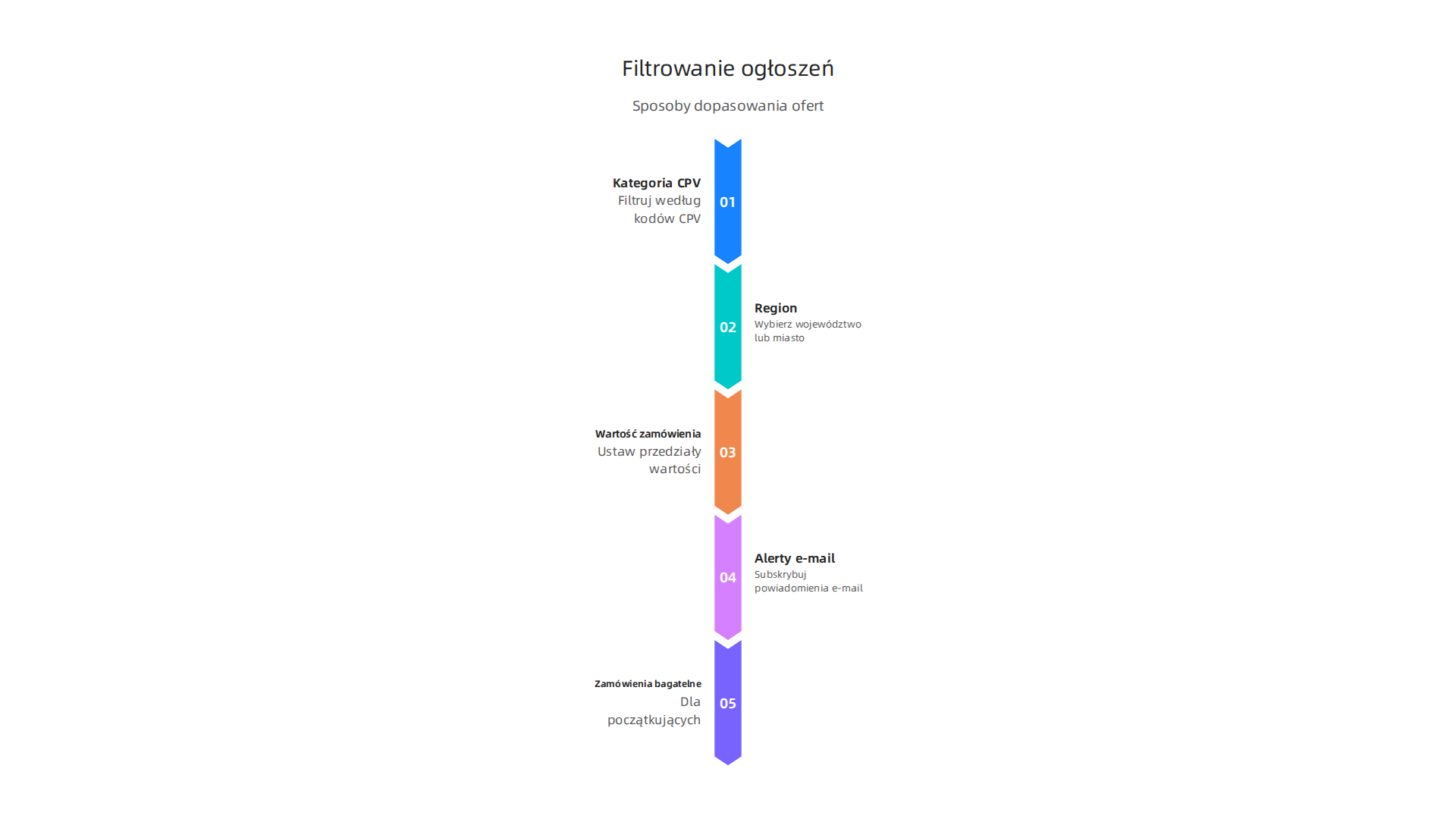 Infografika przedstawiająca kluczowe metody filtrowania ogłoszeń na platformie e-zamówienia: według kategorii CPV, regionu, wartości zamówienia oraz poprzez stałe alerty email. Dodatkowo wskazanie na zamówienia bagatelne dla początkujących.