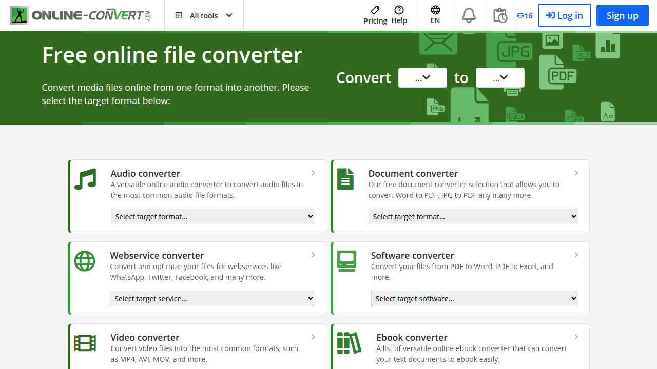 Uproszczony interfejs Online-Convert.com, umożliwiający szybką konwersję plików bez instalacji oprogramowania, idealny dla początkujących użytkowników e-commerce.