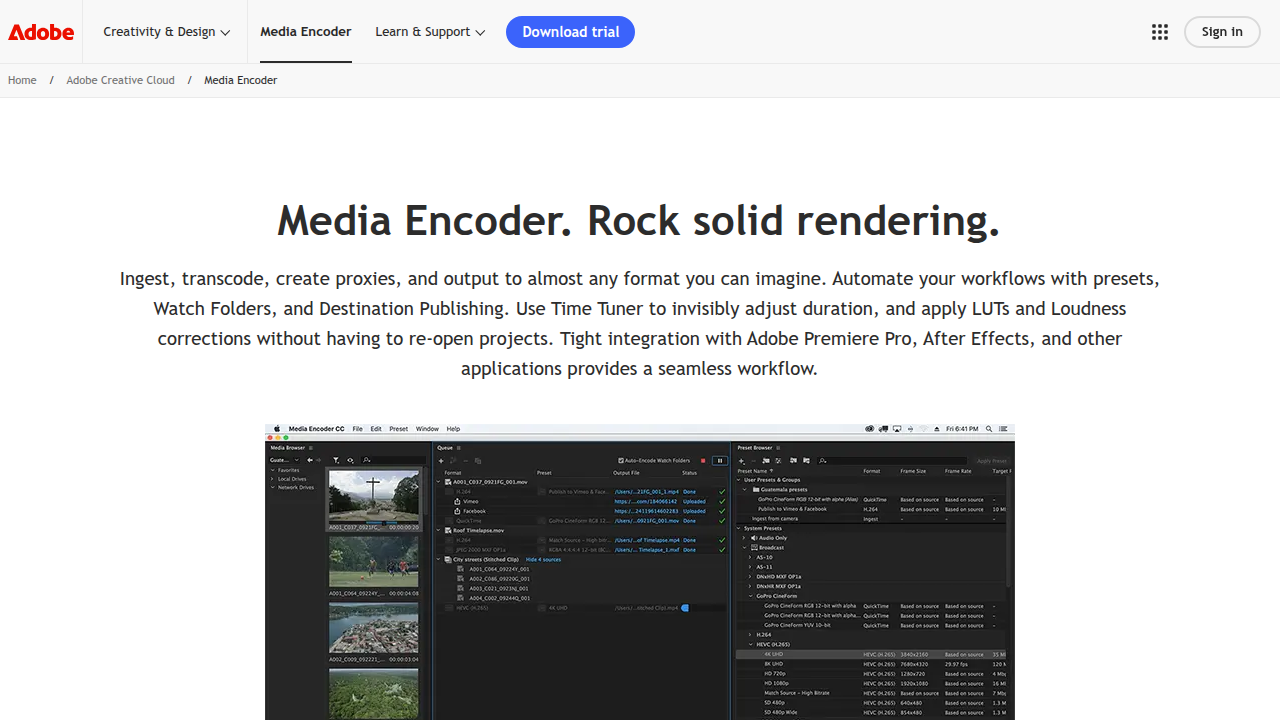 Profesjonalny interfejs Adobe Media Encoder, pokazujący zaawansowane zarządzanie kolejkami zadań i integrację z pakietem Adobe Creative Cloud, dla wymagających twórców wideo.