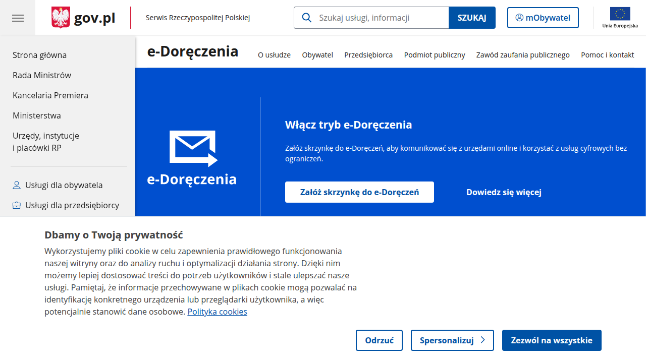 Strona rządowa poświęcona e-Doręczeniom, prezentująca kluczowe informacje dla przedsiębiorców na temat cyfrowej korespondencji z urzędami.