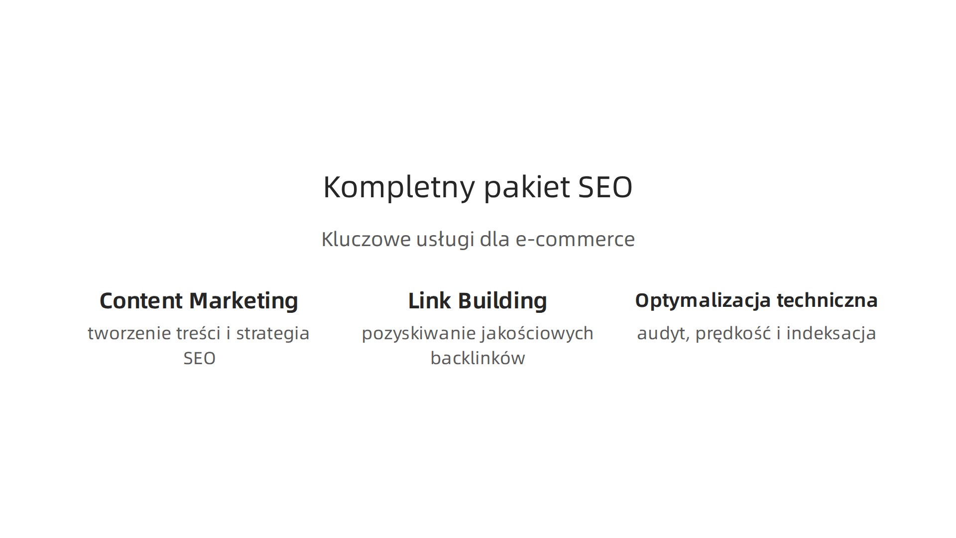 Infografika prezentująca kompleksowe usługi SEO, takie jak content marketing, link building i audyty techniczne, które zapewniają pełne wsparcie dla e-commerce.