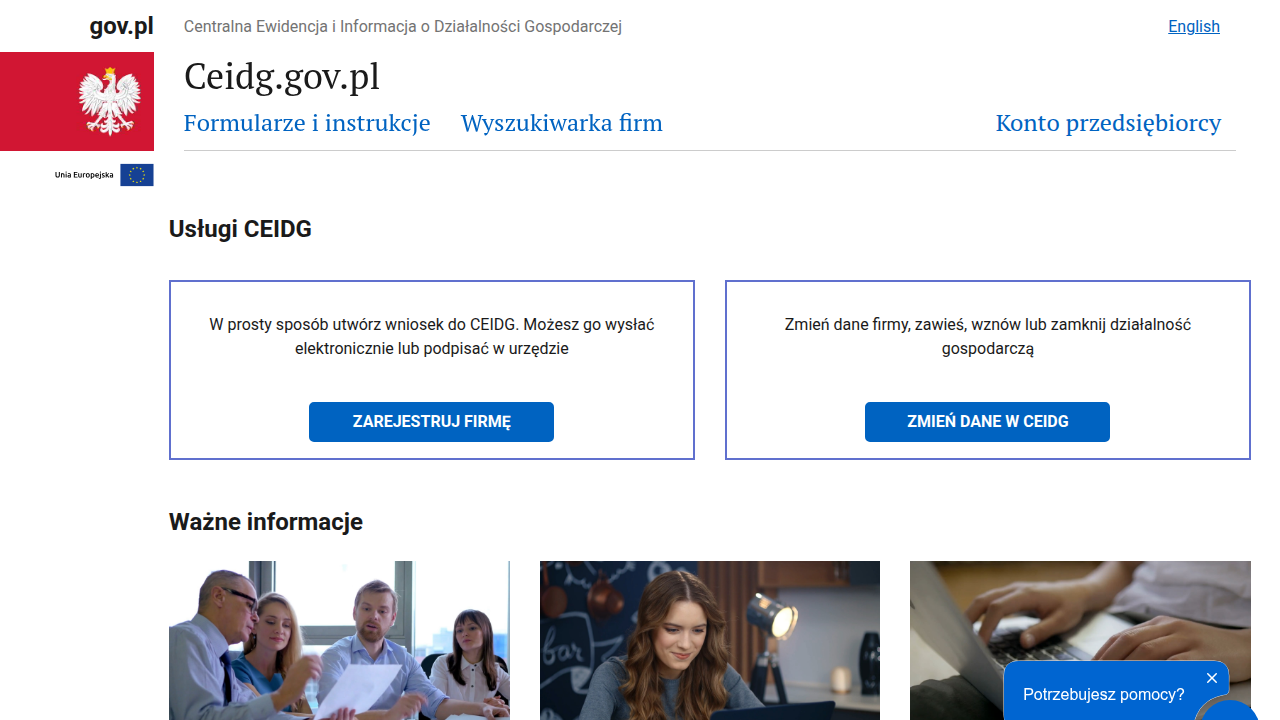 Strona główna Centralnej Ewidencji i Informacji o Działalności Gospodarczej (CEIDG), kluczowa dla rejestracji firmy w Polsce.