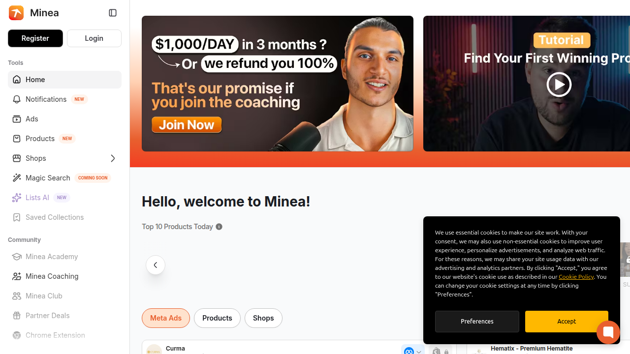 Screenshot of Minea (ads/meta library) to show the recommended professional alternative for ad/product analysis.