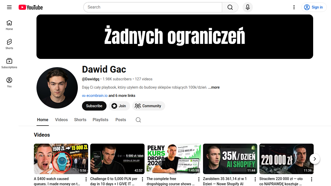 Screenshot of DawidGQ's YouTube channel, a resource for e-commerce and dropshipping tips.