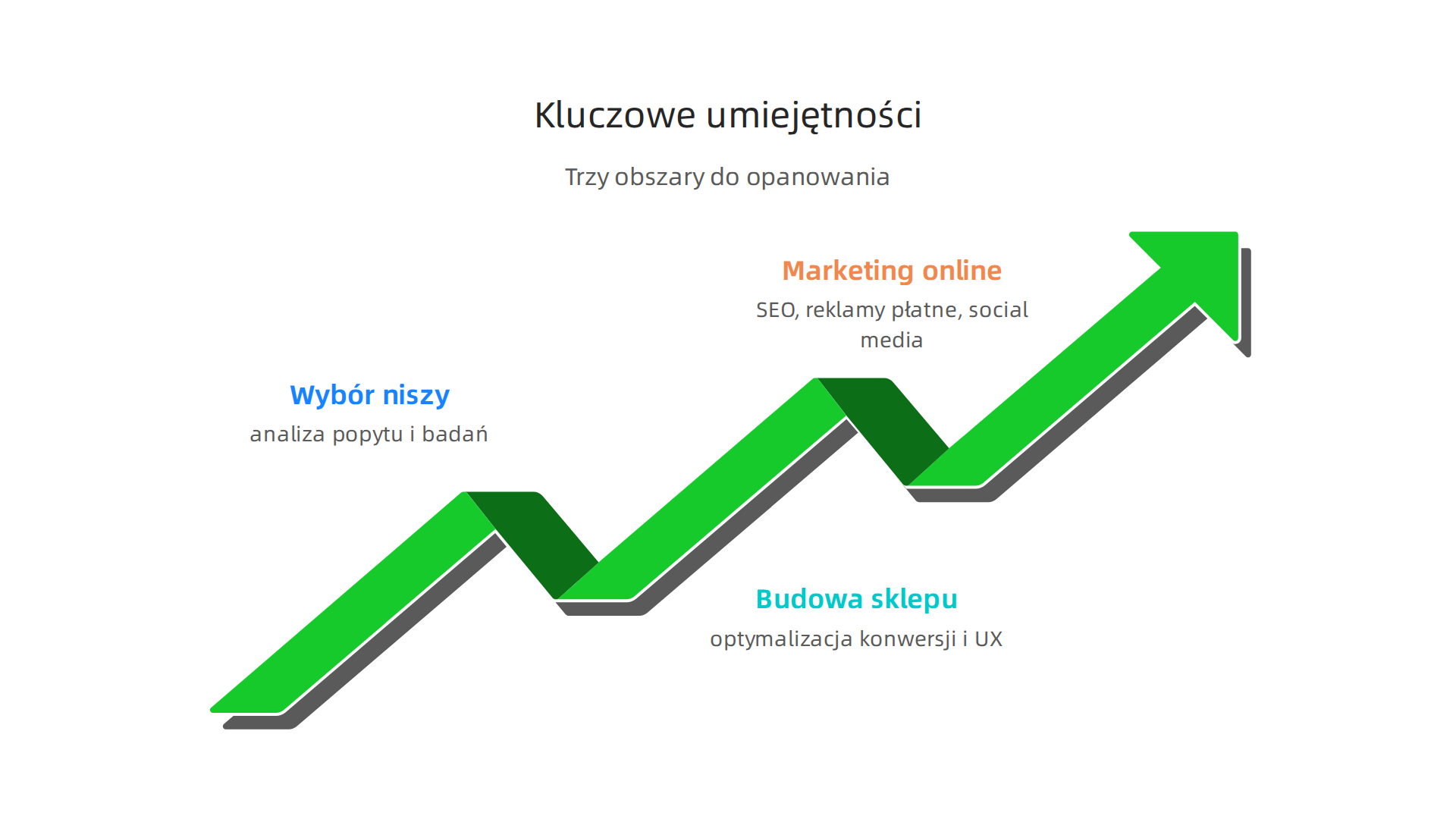 Trzy kluczowe obszary umiejętności niezbędne dla początkujących w e-commerce, od wyboru niszy po marketing online.